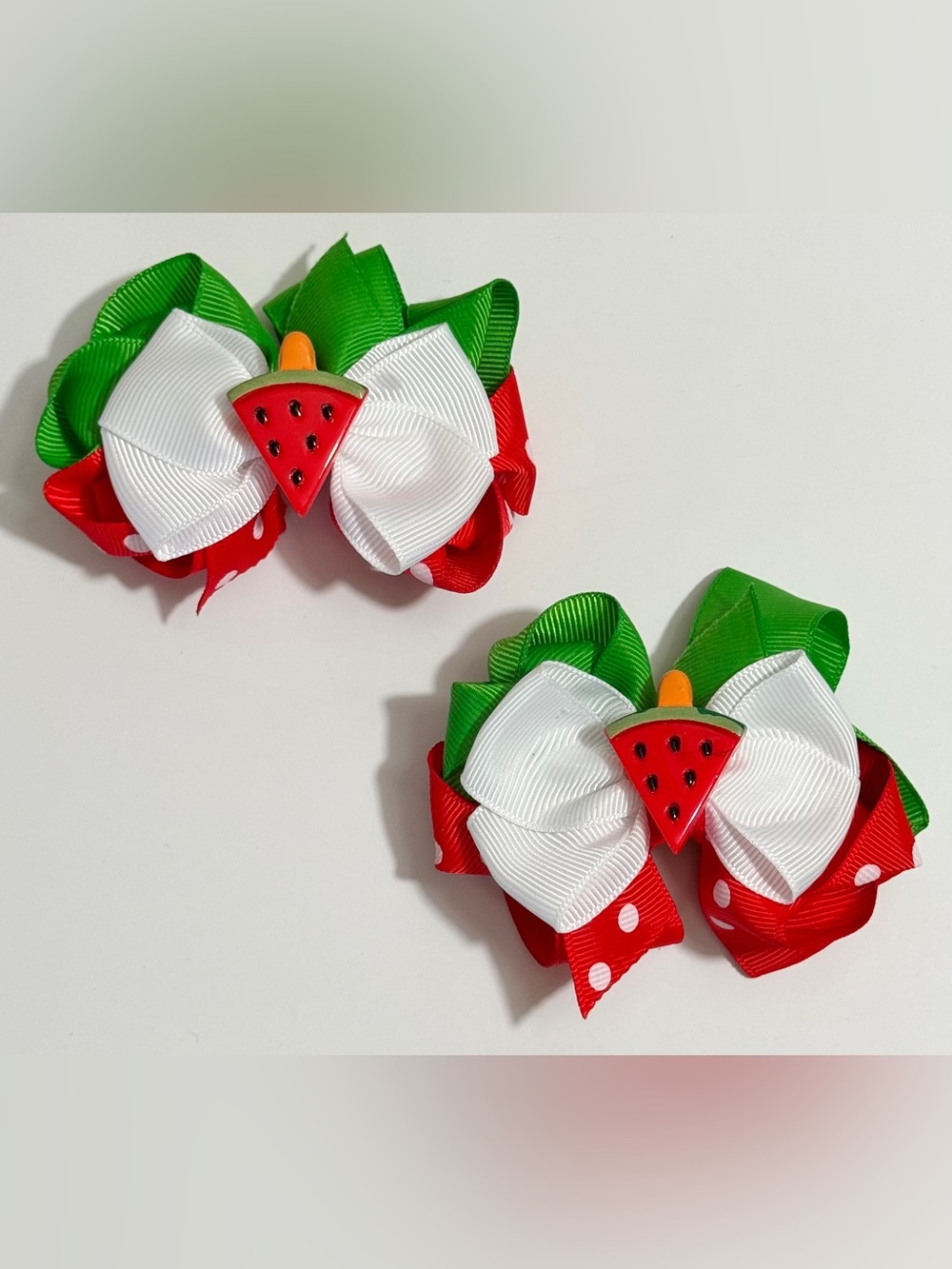 Watermelon Hair Bow Clips Set Of 2 Red Green White Polka Dot Boutique Style